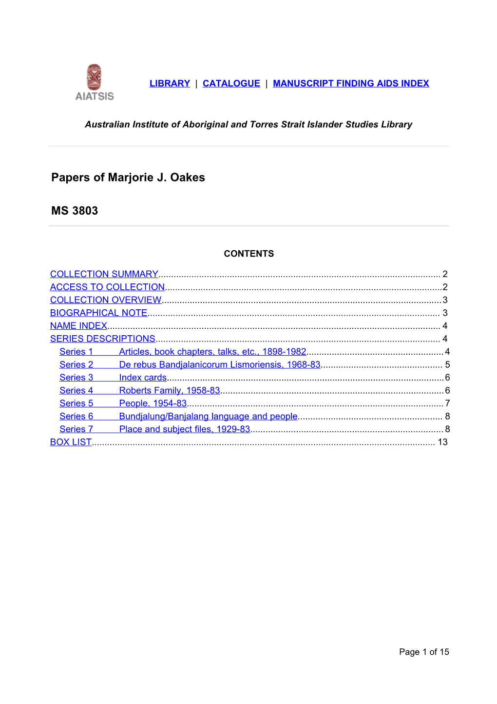 Papers of Marjorie J. Oakes MS 3803