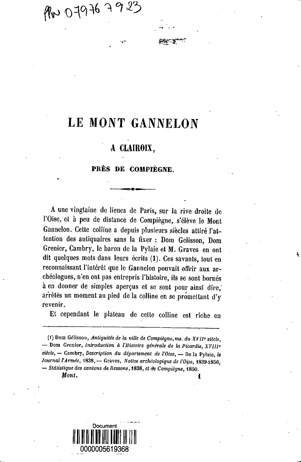 Le Mont Gannelon a Clairoix, Pres De Compiegne, Etude D'archeologie