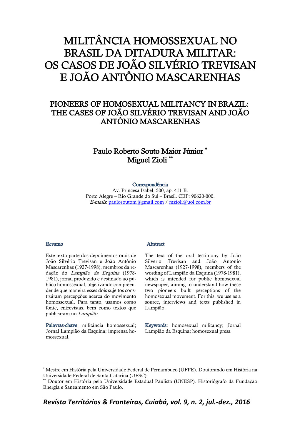 Os Casos De João Silvério Trevisan E João Antônio Mascarenhas