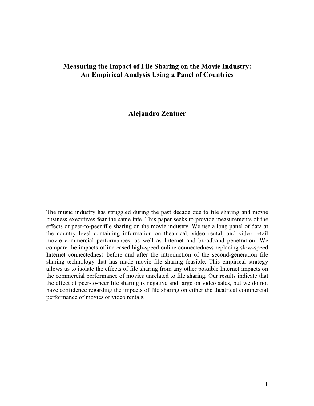 Measuring the Impact of File Sharing on the Movie Industry: an Empirical Analysis Using a Panel of Countries