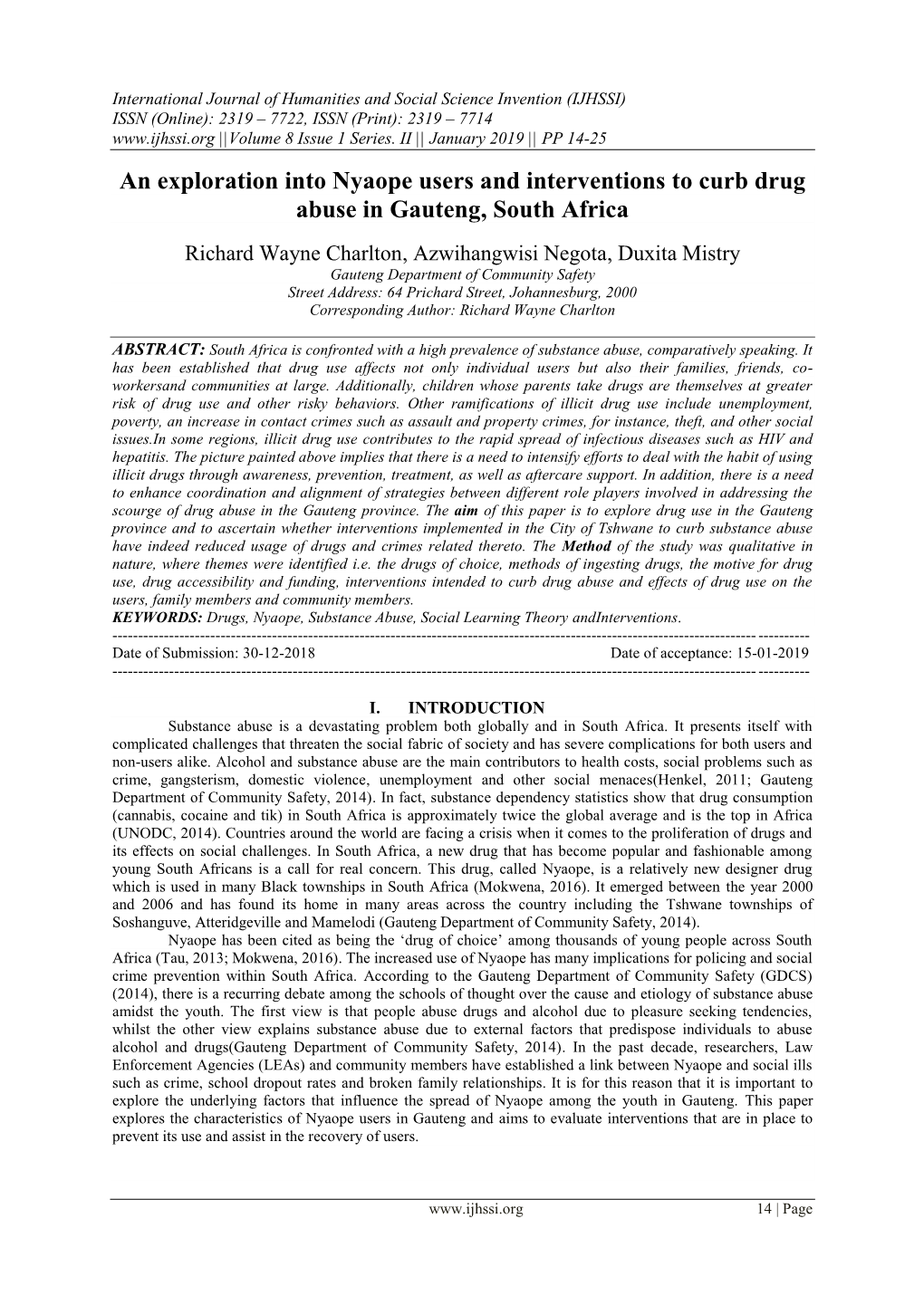 An Exploration Into Nyaope Users and Interventions to Curb Drug Abuse in Gauteng, South Africa