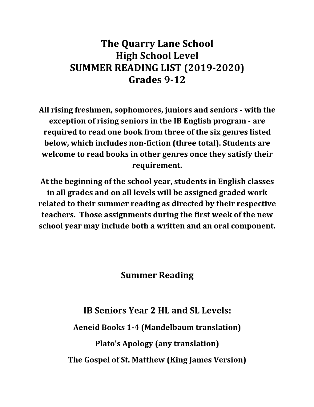 The Quarry Lane School High School Level SUMMER READING LIST (2019-2020) Grades 9-12