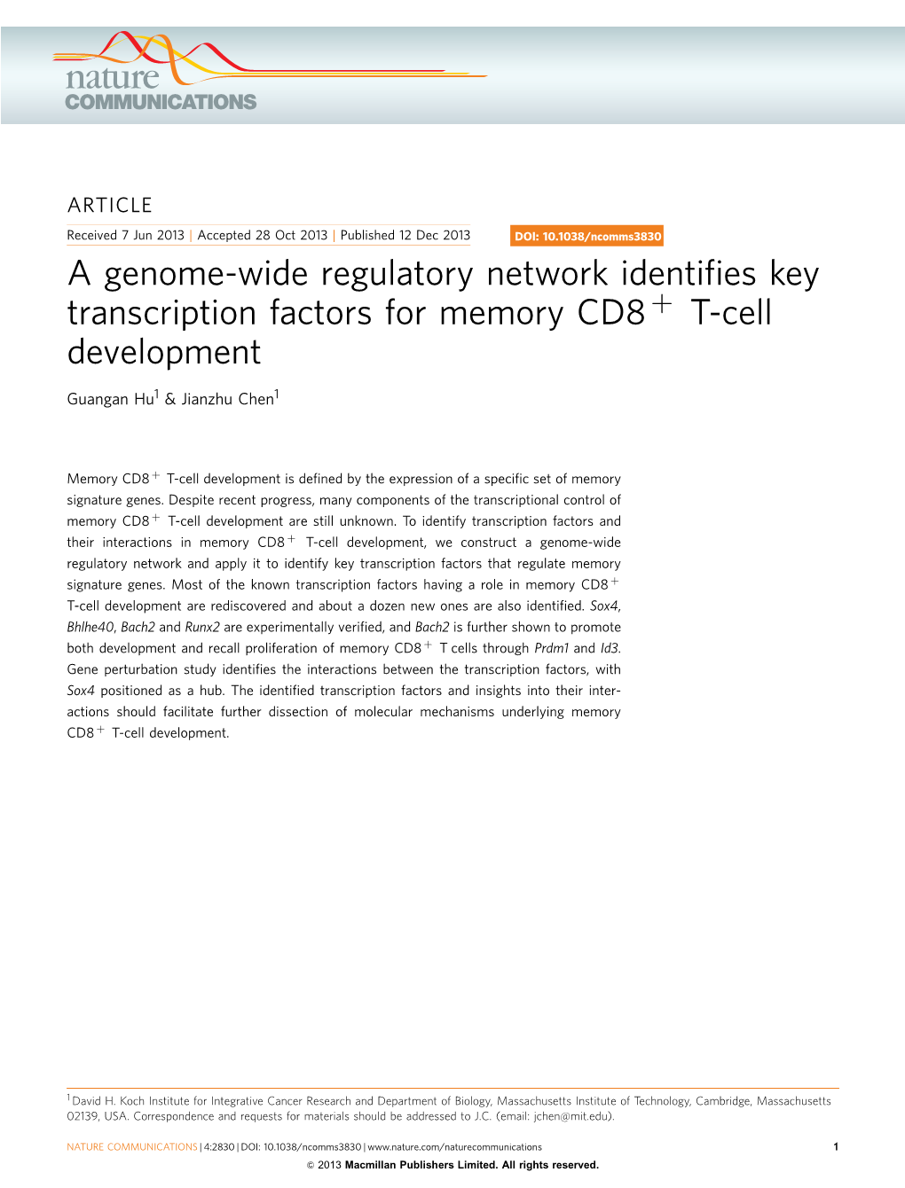 A Genome-Wide Regulatory Network Identifies Key Transcription Factors for Memory CD8&Plus; T-Cell Development