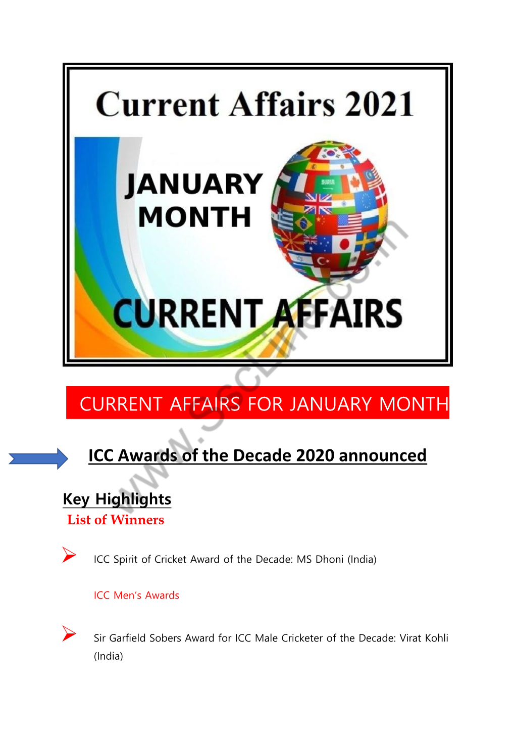 CURRENT AFFAIRS for JANUARY MONTH ICC Awards of the Decade