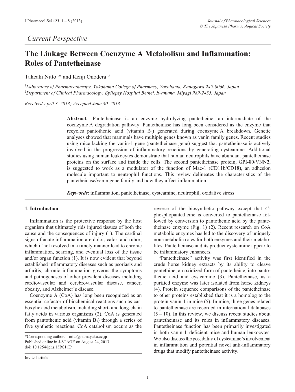 The Linkage Between Coenzyme a Metabolism and Inflammation: Roles of Pantetheinase