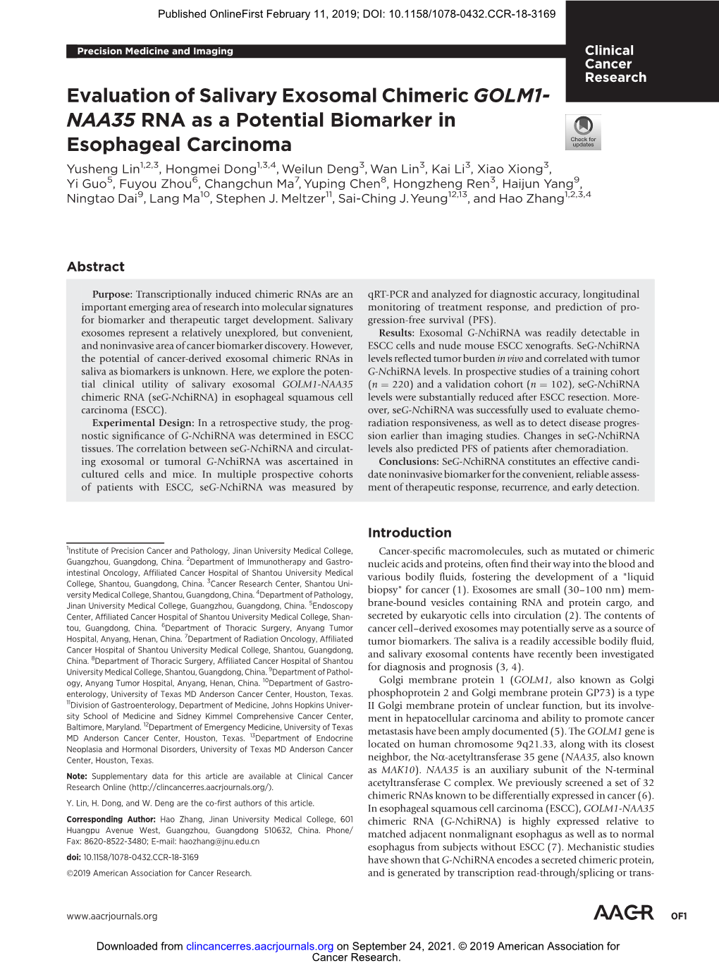 Evaluation of Salivary Exosomal Chimeric GOLM1-NAA35 RNA As a Potential Biomarker in Esophageal Carcinoma