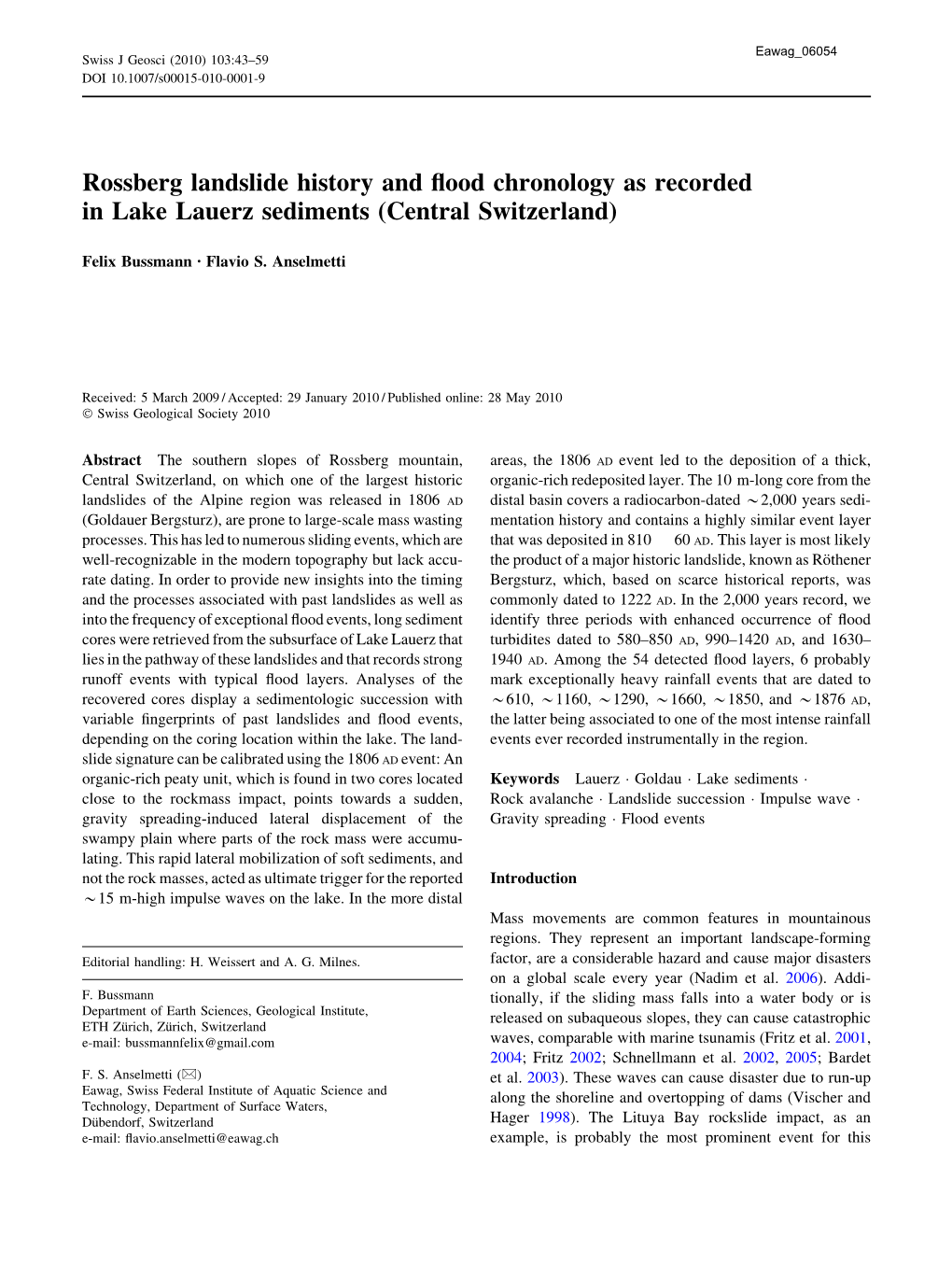 Rossberg Landslide History and Flood Chronology As