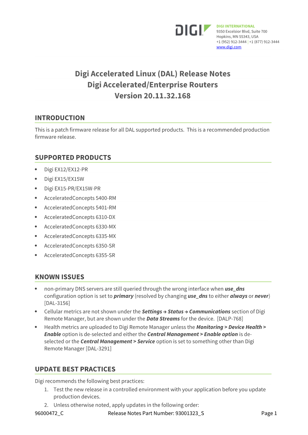 Digi Accelerated Linux (DAL) Release Notes Digi Accelerated/Enterprise Routers Version 20.11.32.168