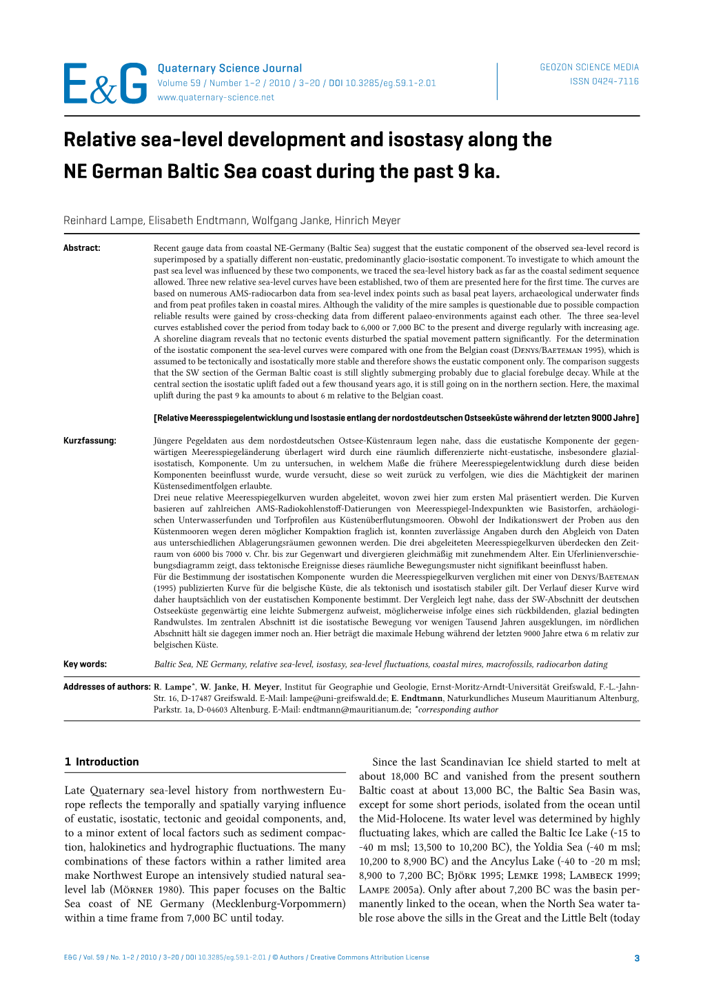 Relative Sea-Level Development and Isostasy Along the NE German Baltic Sea Coast During the Past 9 Ka