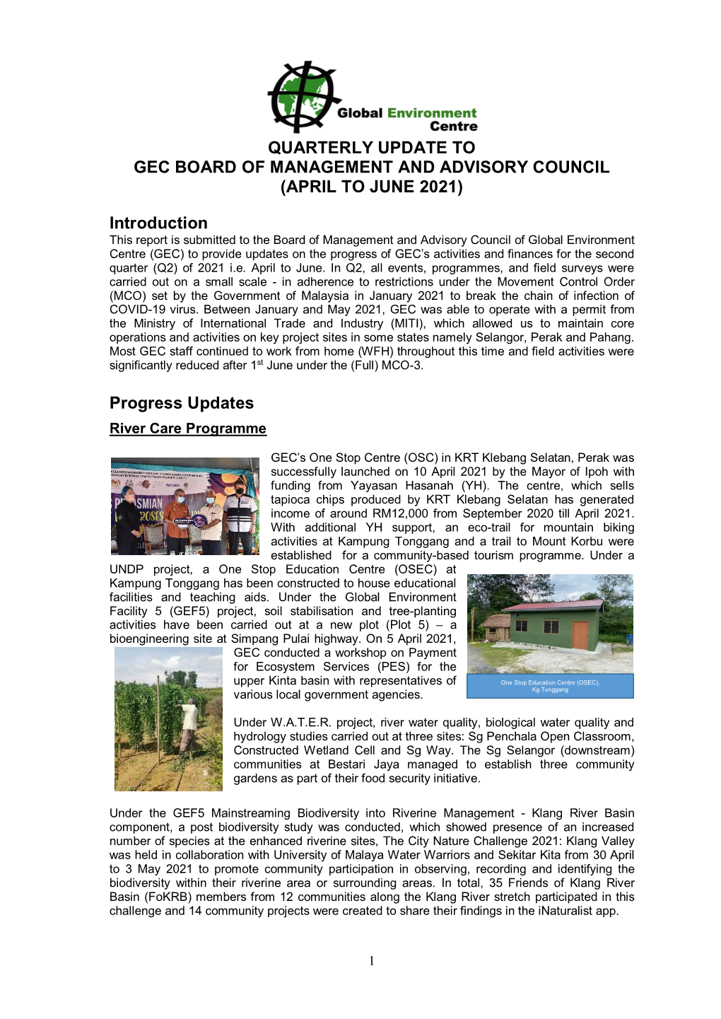 Quarterly Update to Gec Board of Management and Advisory Council (April to June 2021)