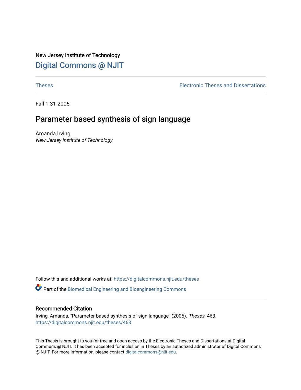 Parameter Based Synthesis of Sign Language