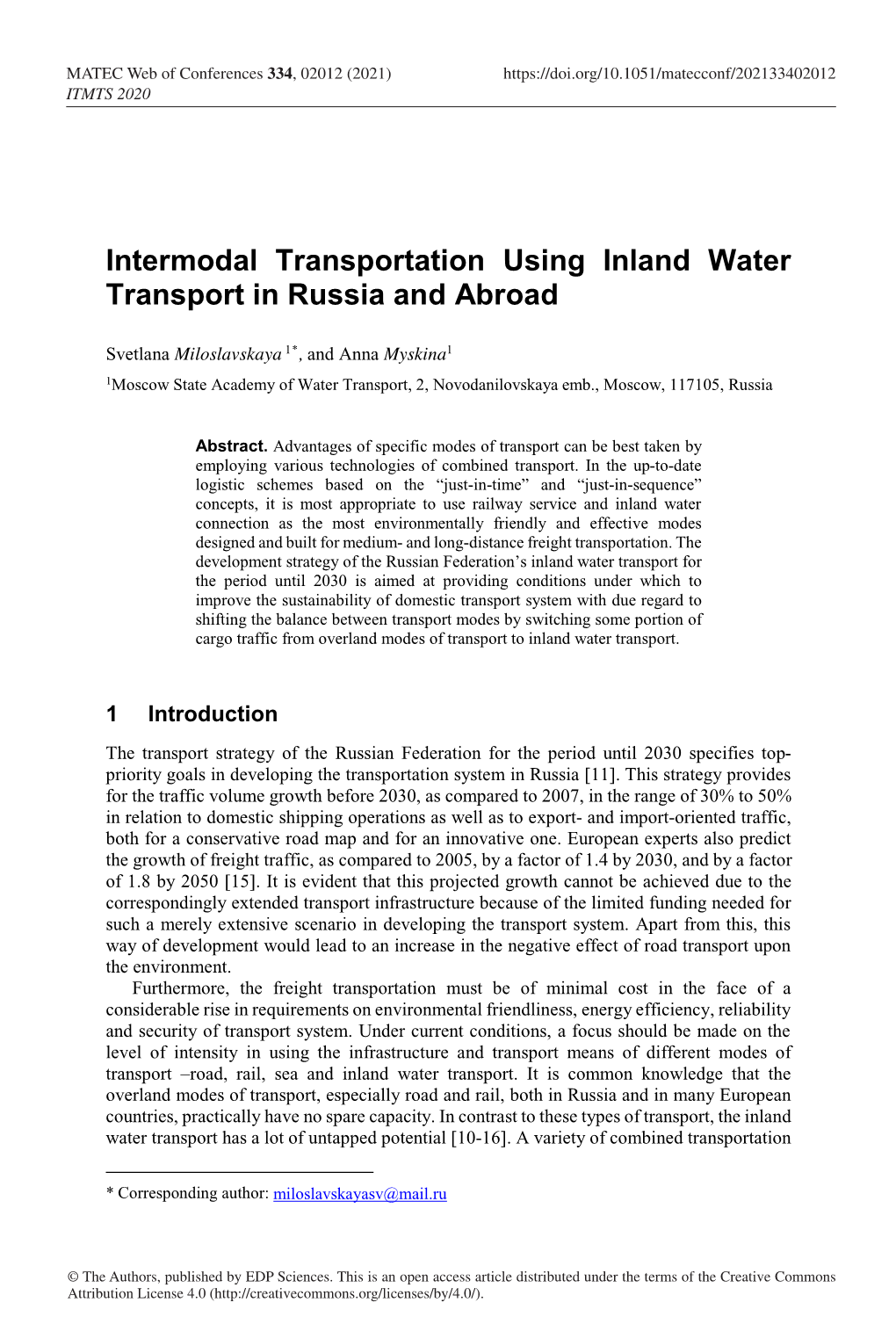 Intermodal Transportation Using Inland Water Transport in Russia and Abroad