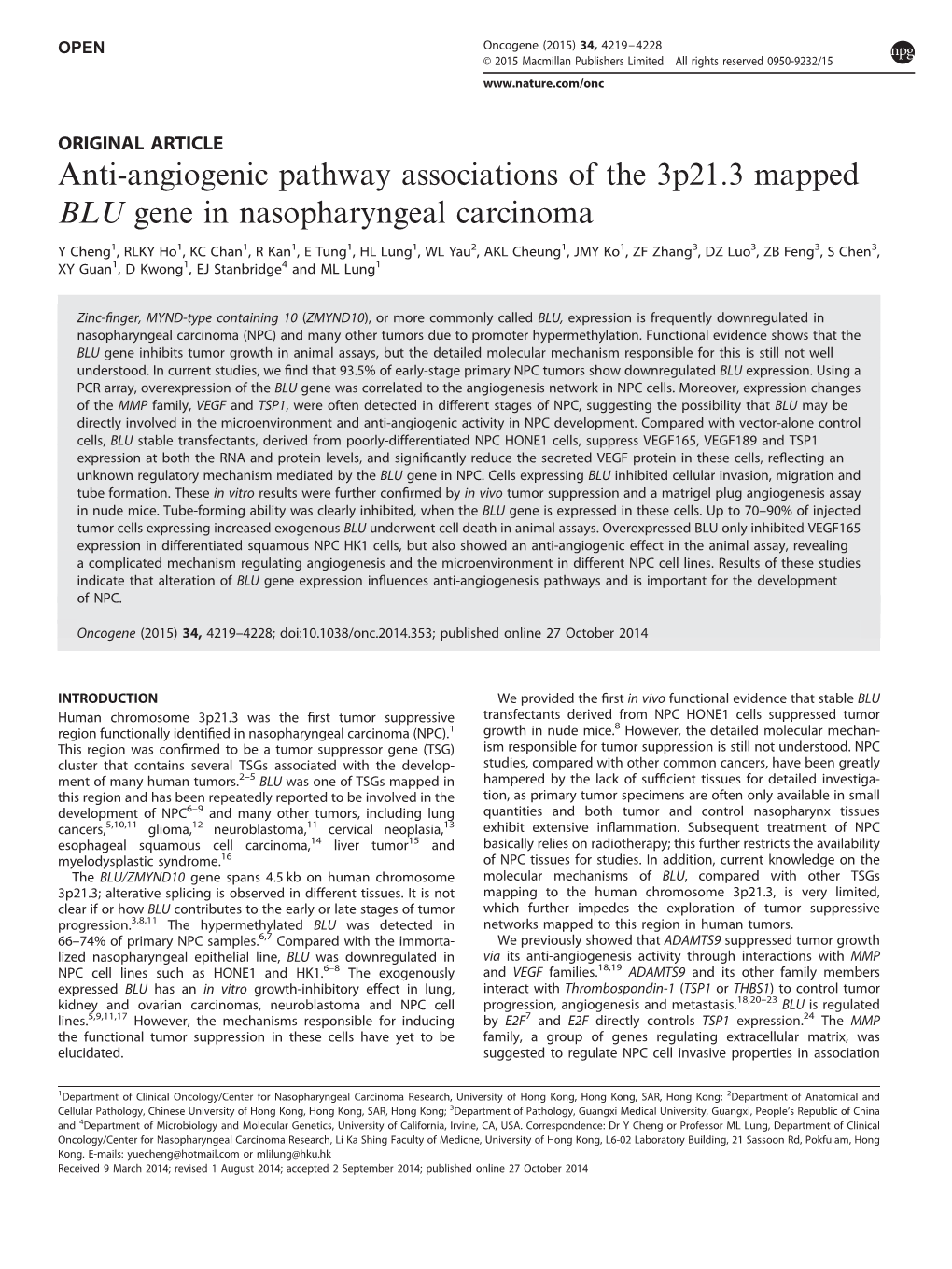 Anti-Angiogenic Pathway Associations of the 3P21.3 Mapped BLU Gene in Nasopharyngeal Carcinoma
