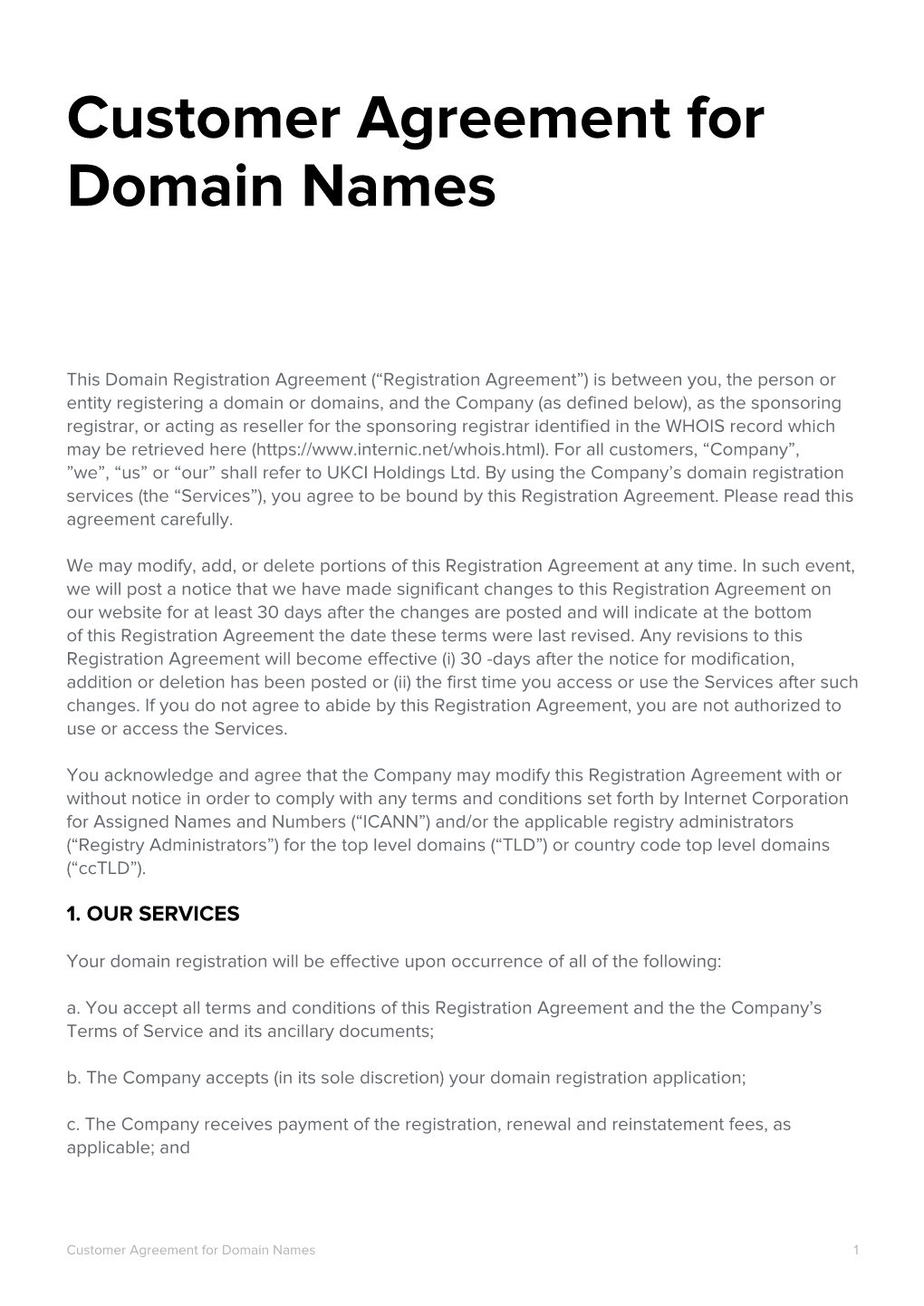 Customer Agreement for Domain Names