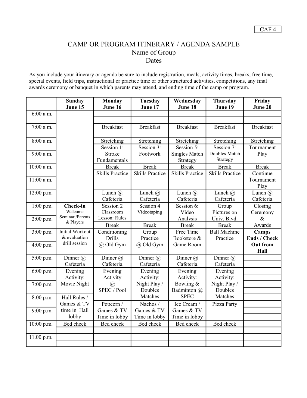 Camp Or Program Itinerary / Agenda