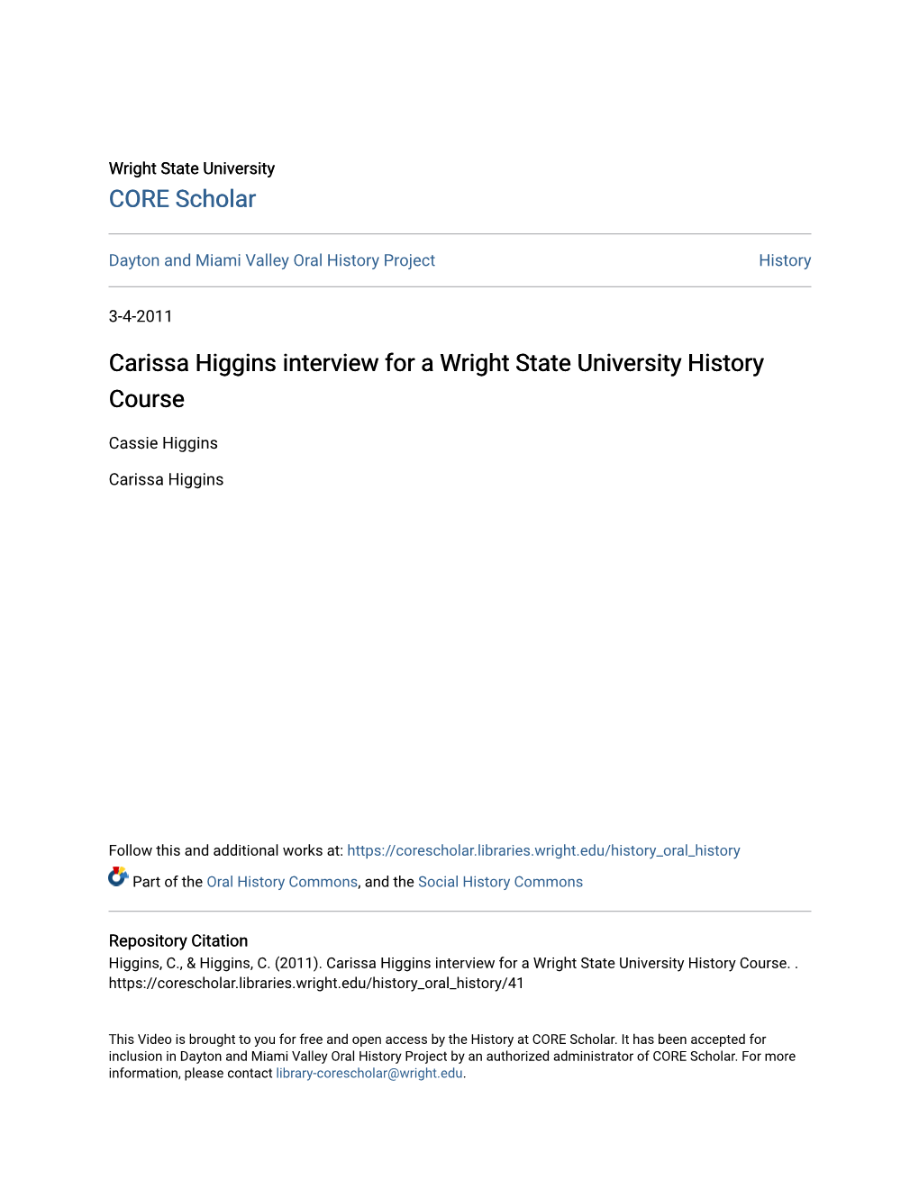 Carissa Higgins Interview for a Wright State University History Course