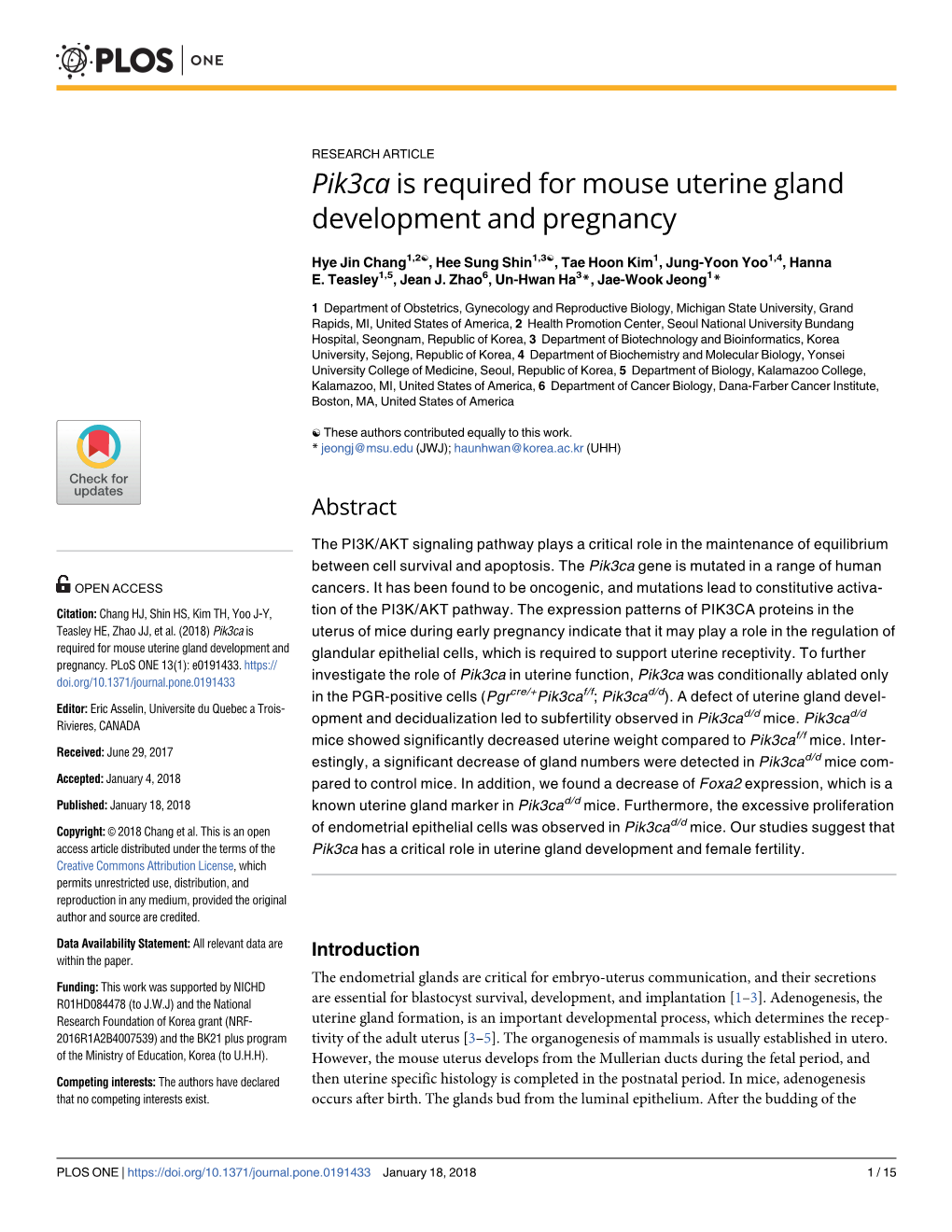 Pik3ca Is Required for Mouse Uterine Gland Development and Pregnancy