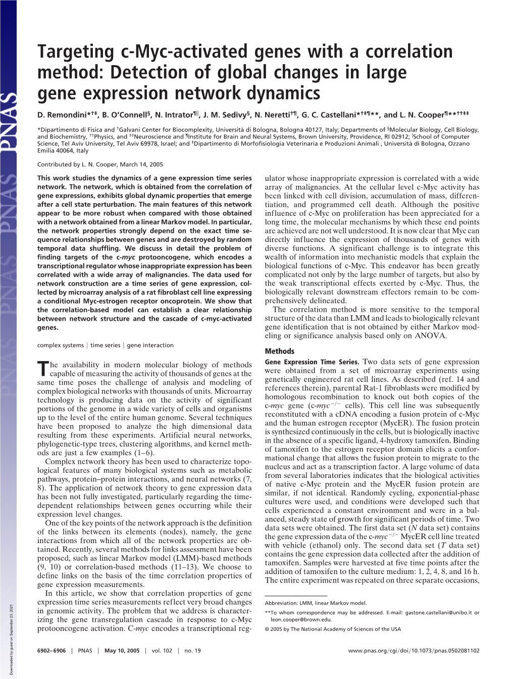 Targeting C-Myc-Activated Genes with a Correlation Method: Detection of Global Changes in Large Gene Expression Network Dynamics