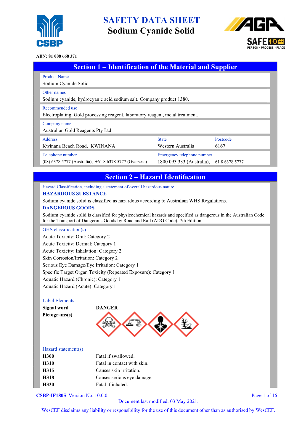 SAFETY DATA SHEET Sodium Cyanide Solid