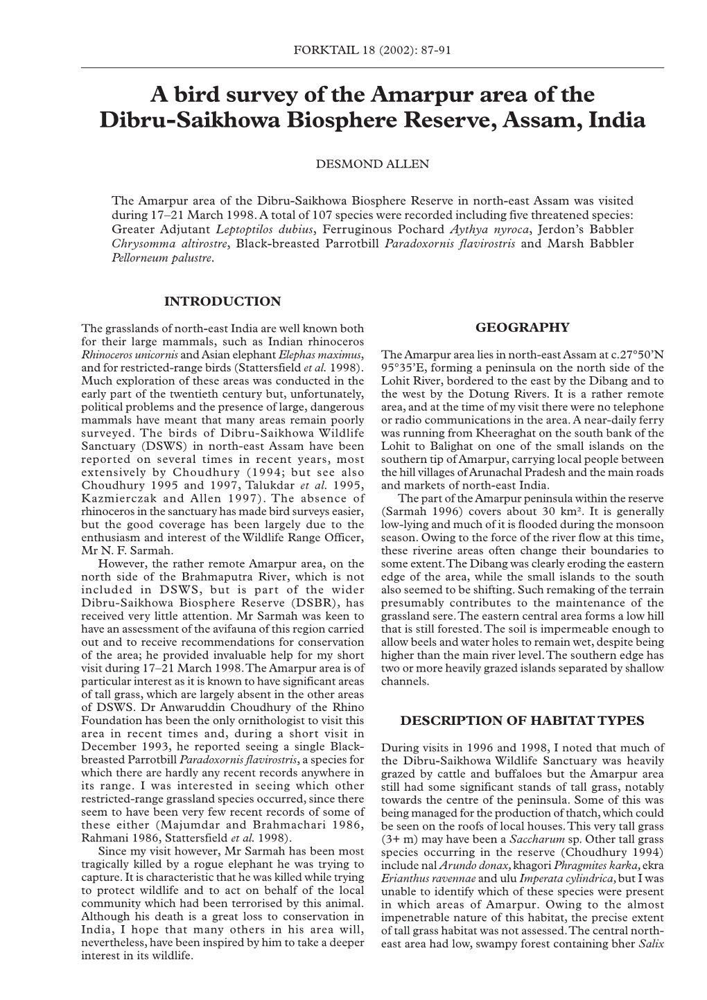 A Bird Survey of the Amarpur Area of the Dibru-Saikhowa Biosphere Reserve, Assam, India