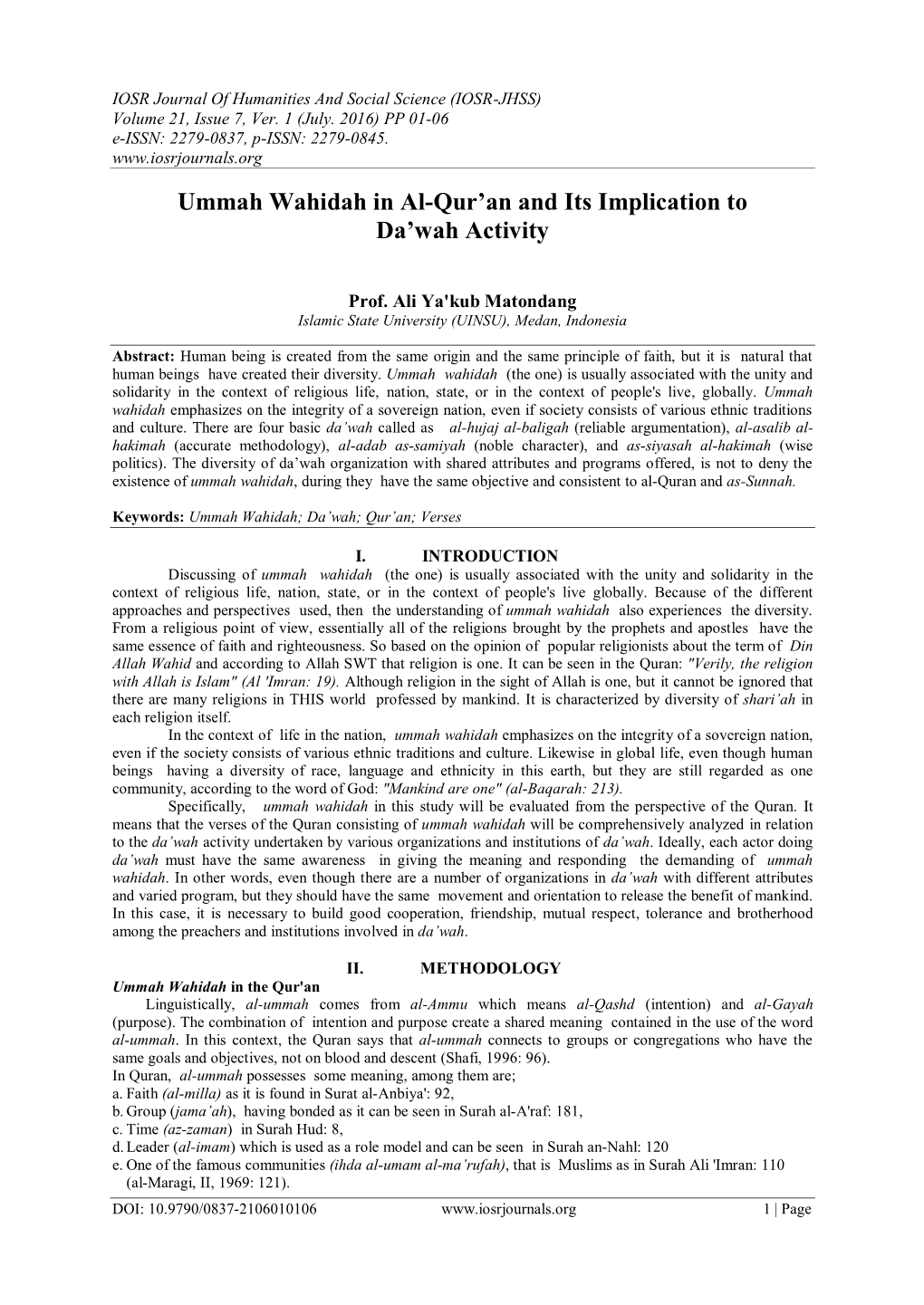 Ummah Wahidah in Al-Qur'an and Its Implication to Da'wah Activity