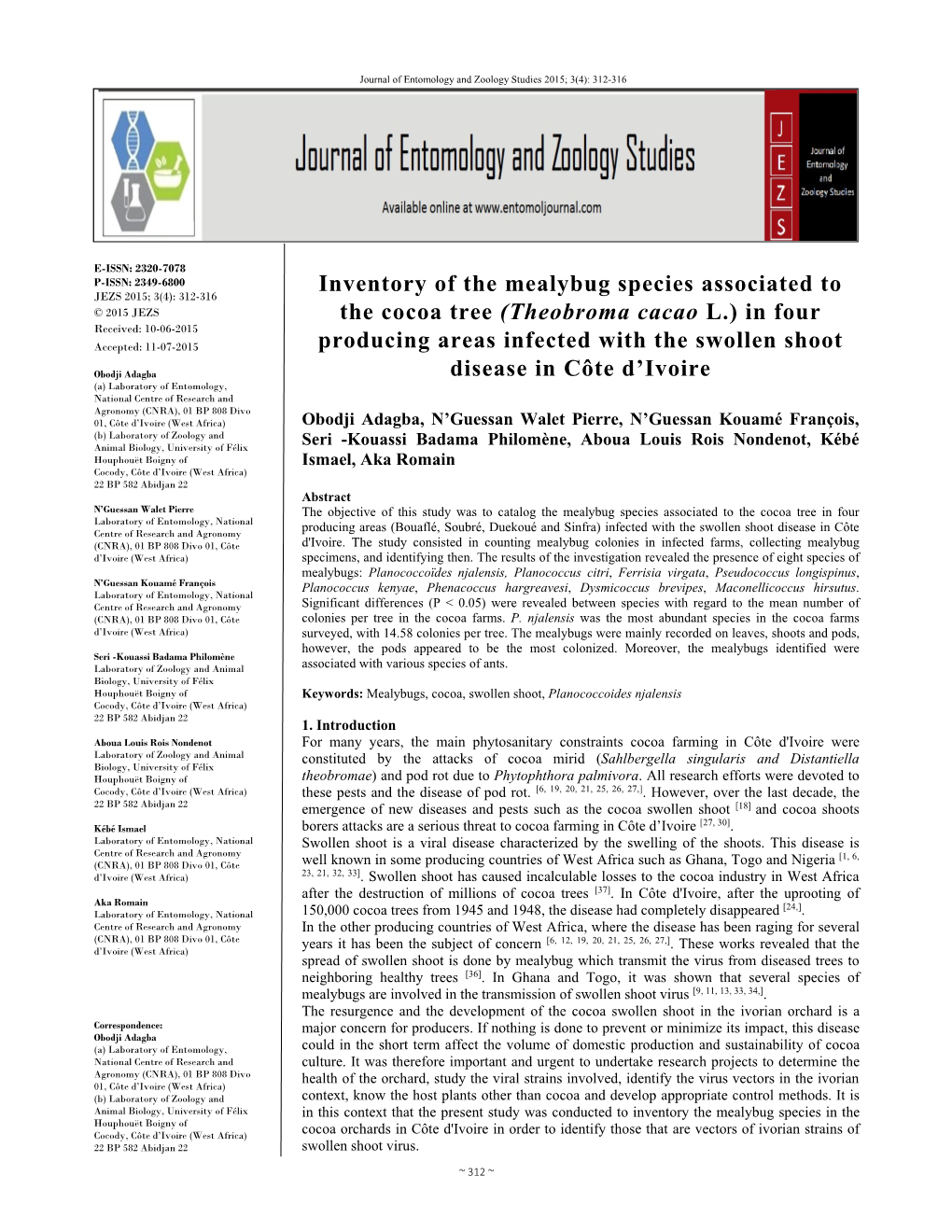 Inventory of the Mealybug Species Associated to the Cocoa Tree