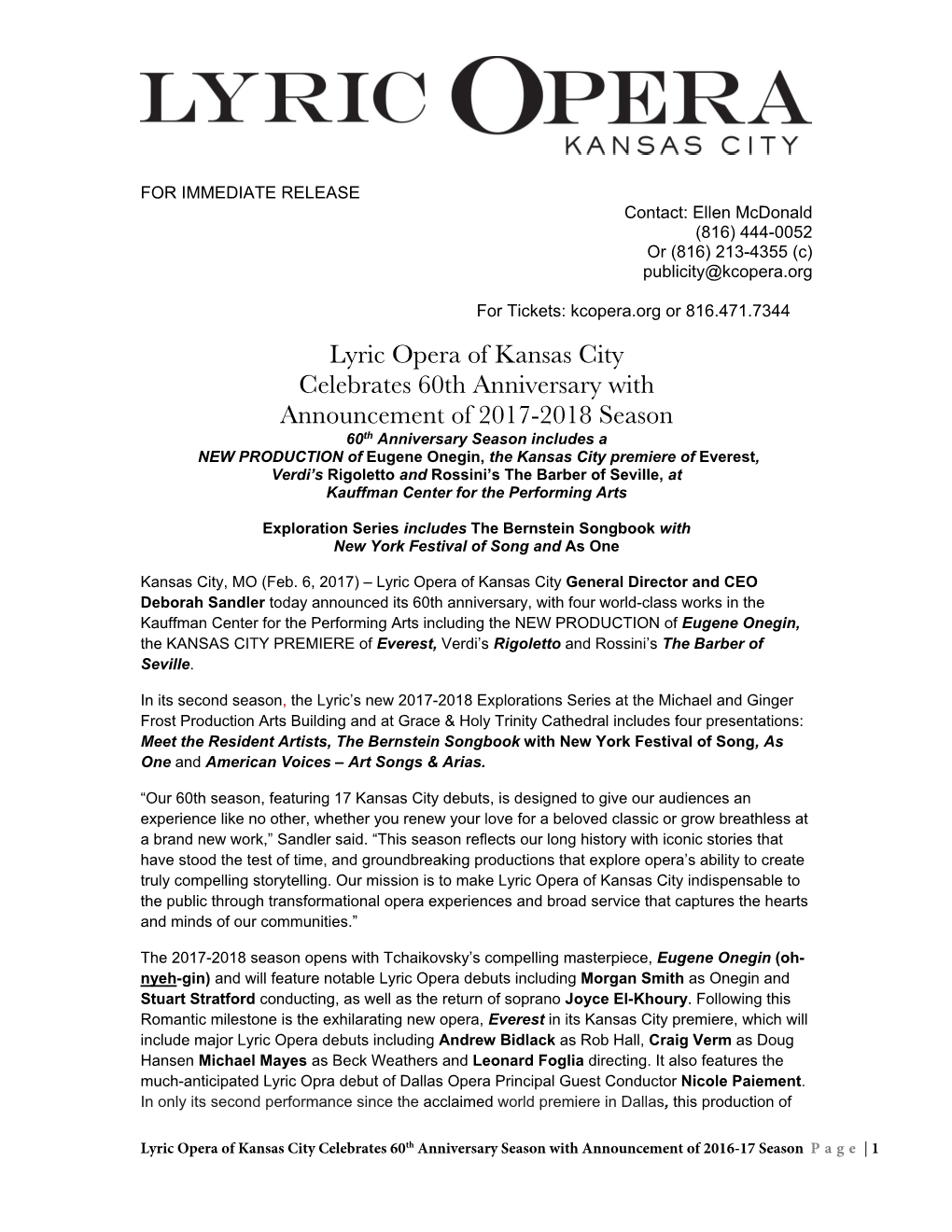 Lyric Opera of Kansas City Celebrates 60Th Anniversary with Announcement of 2017-2018 Season