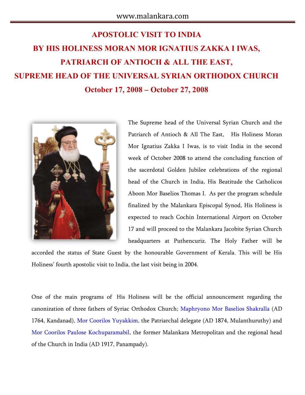 Apostolic Visit to India by His Holiness Moran Mor