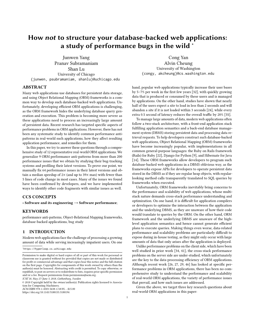 How Not to Structure Your Database-Backed Web Applications: a Study of Performance Bugs in the Wild ∗