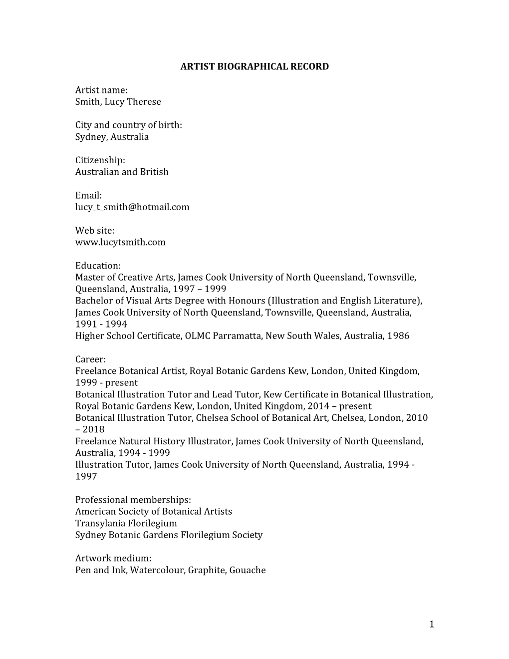 Smith, Lucy Therese City and Country of Birth: Sydney, Australia Citizenship