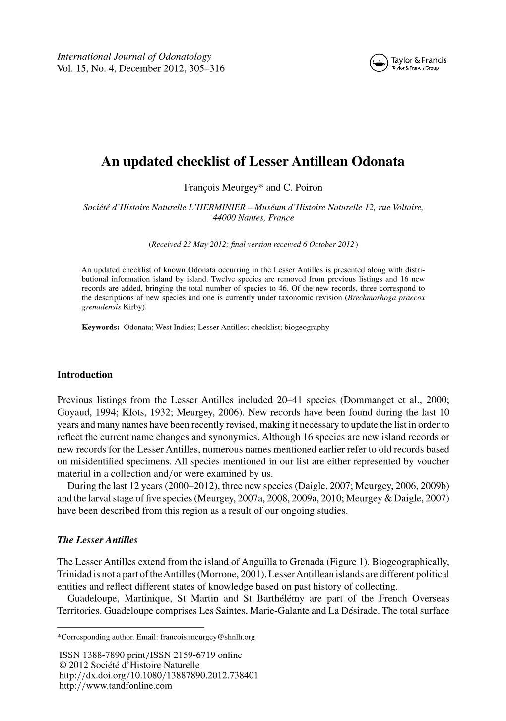 An Updated Checklist of Lesser Antillean Odonata