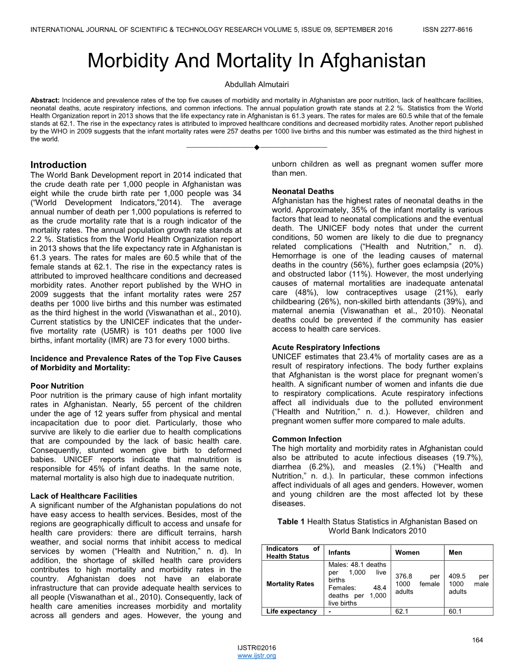 Morbidity and Mortality in Afghanistan