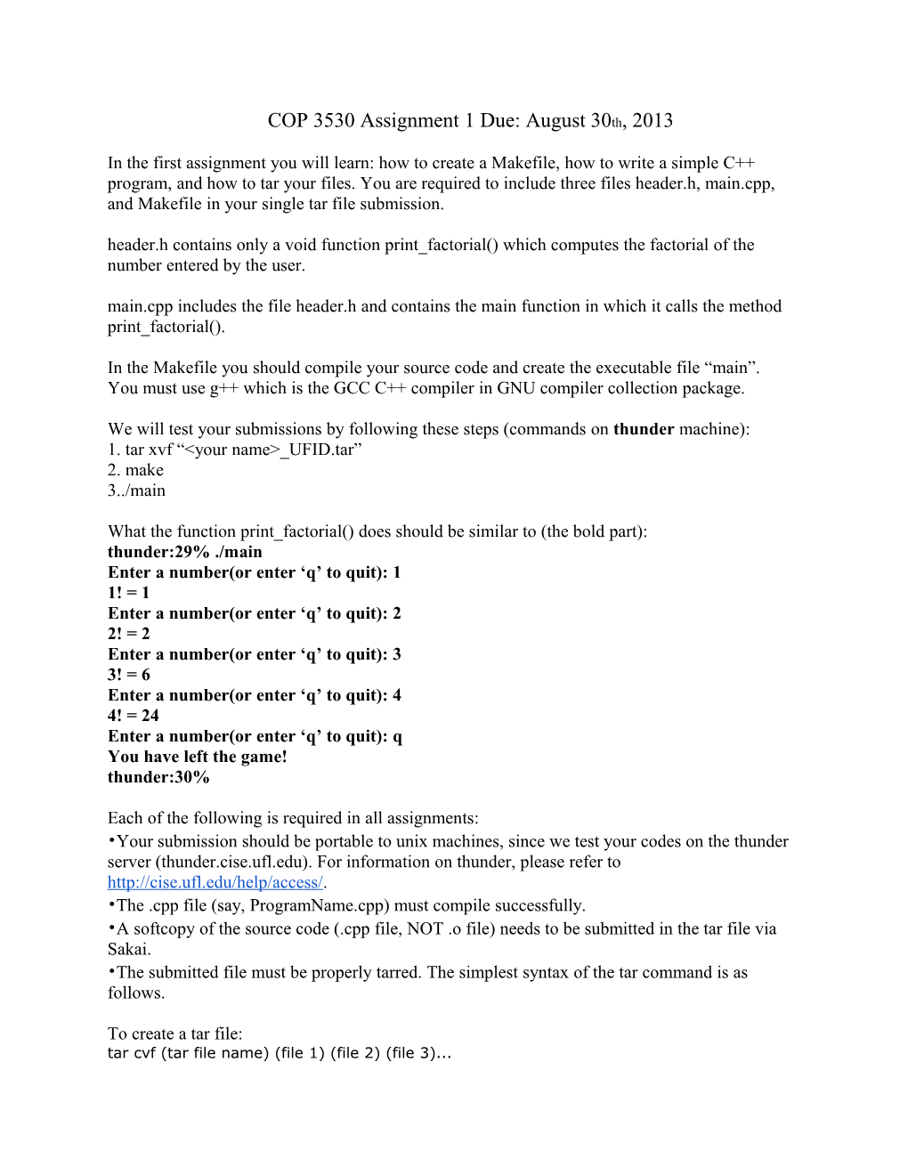 COP 3530 Assignment 1 Due: August 30Th, 2013