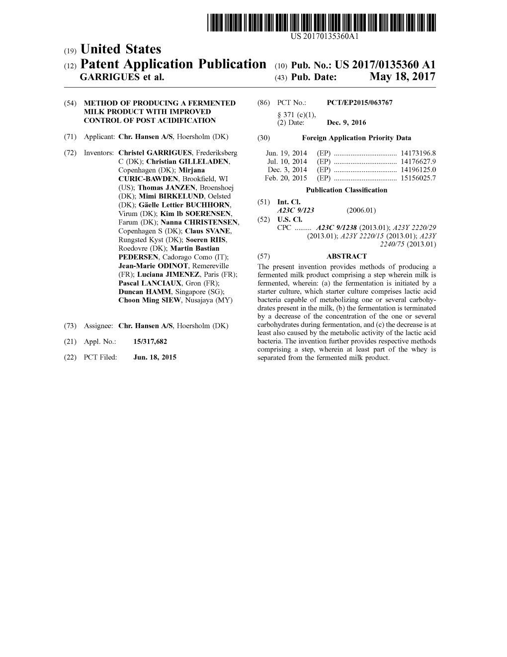 (12) Patent Application Publication (10) Pub. No.: US 2017/0135360 A1 GARRIGUES Et Al