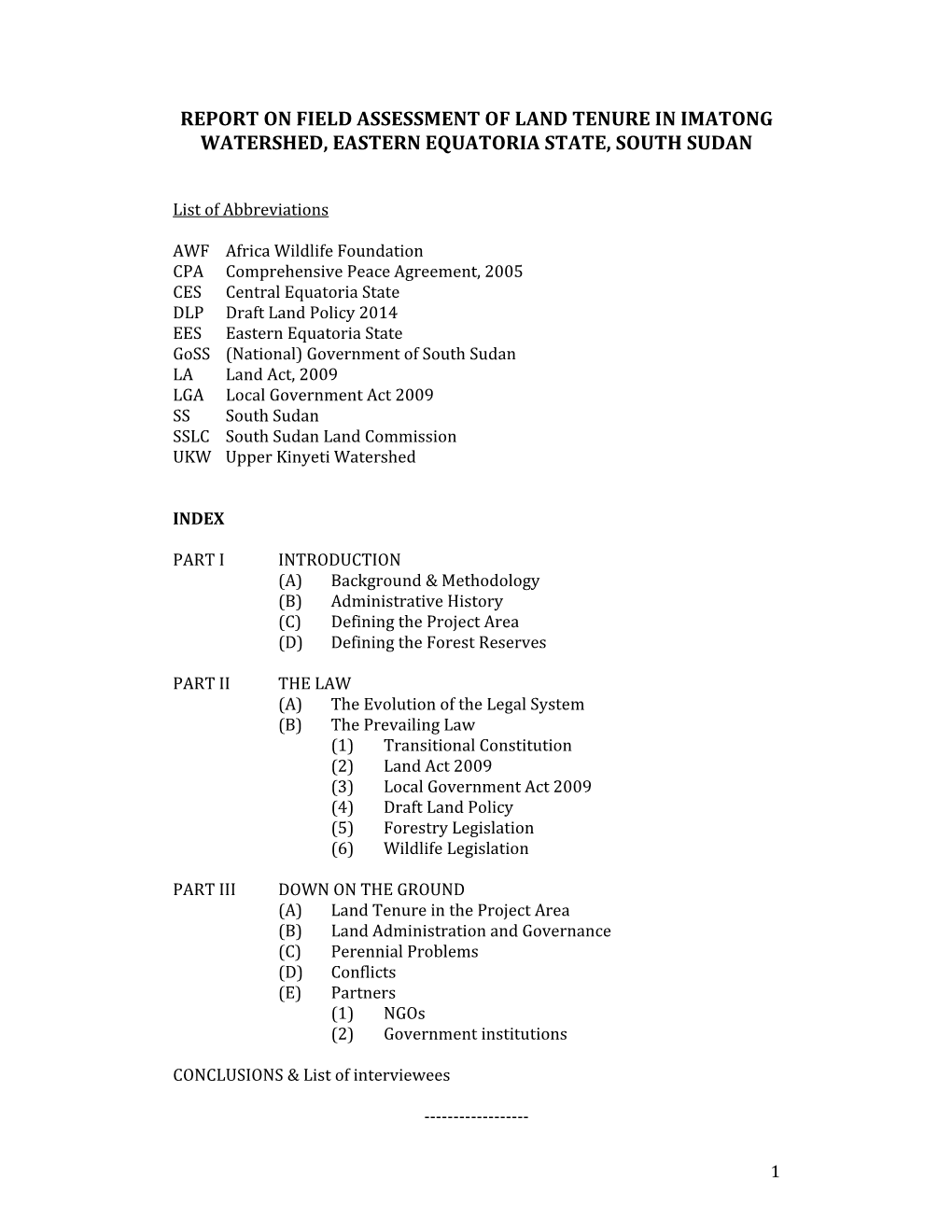 Report on Field Assessment of Land Tenure in Imatong Watershed, Eastern Equatoria State, South Sudan