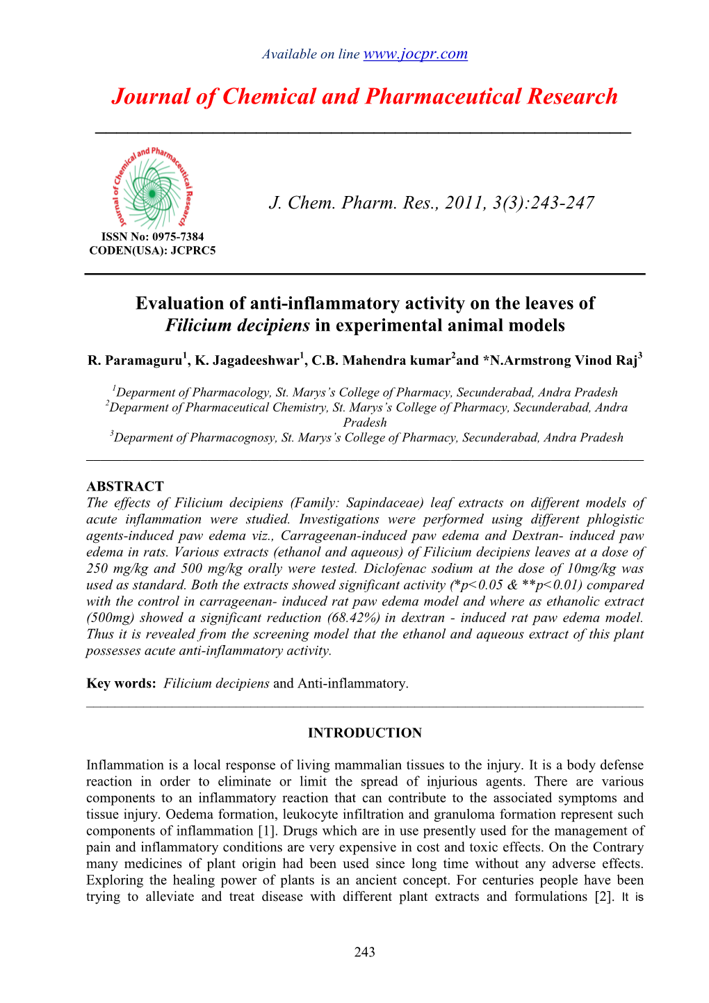 Evaluation of Antiinflammatory Activity on the Leaves of Filicium Decipiens