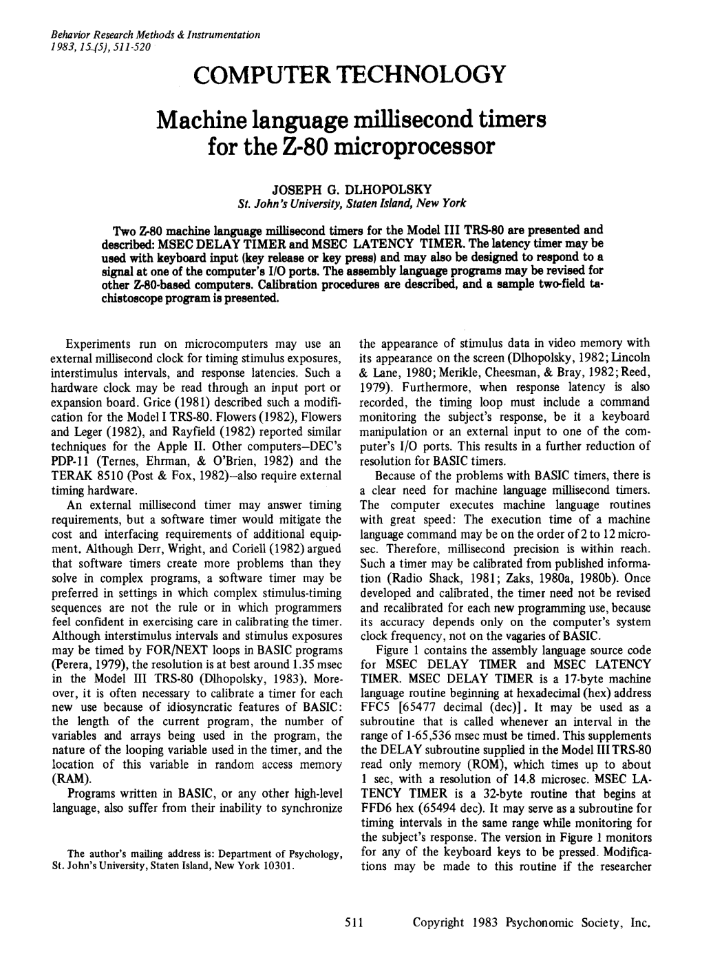 Machine Language Millisecond Timers for the Z-80 Microprocessor