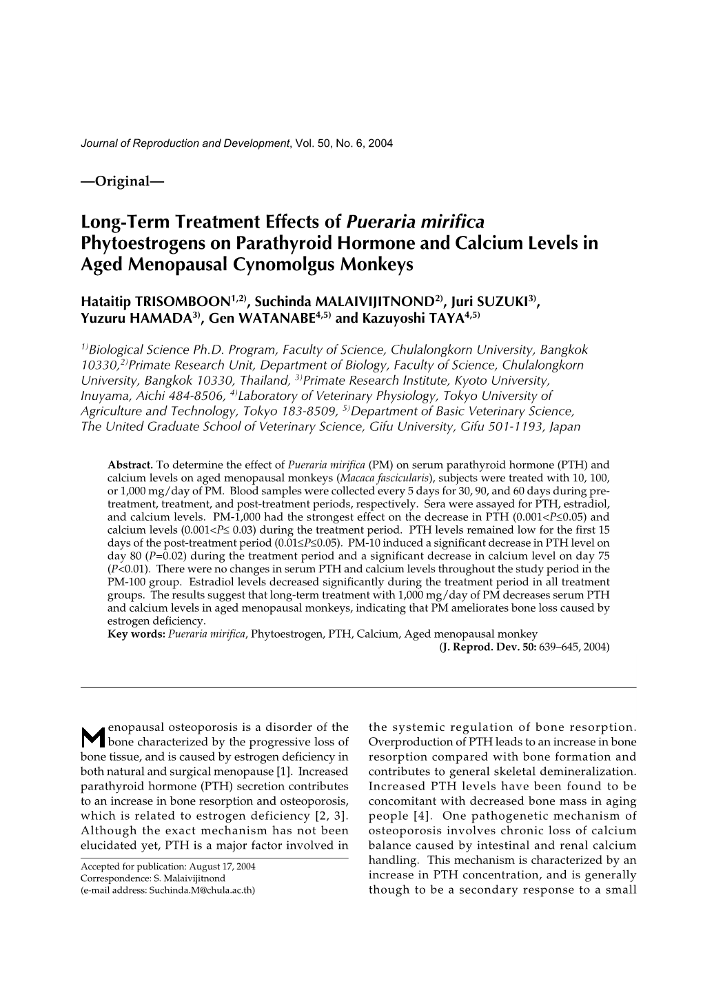 Long-Term Treatment Effects of Pueraria Mirifica Phytoestrogens on Parathyroid Hormone and Calcium Levels in Aged Menopausal Cynomolgus Monkeys
