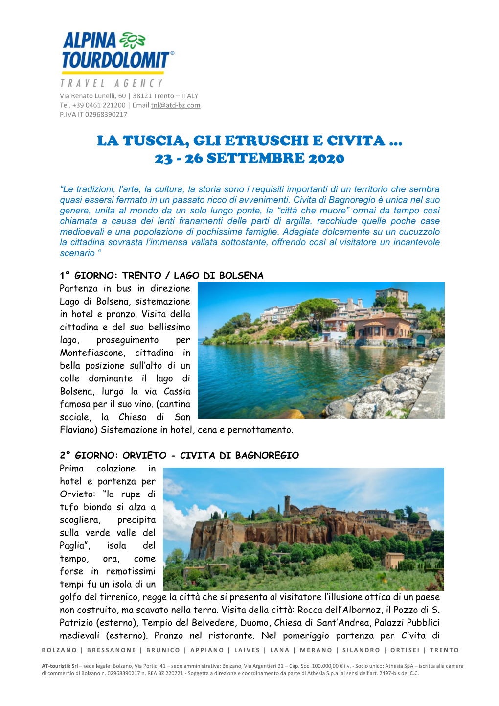 La Tuscia, Gli Etruschi E Civita … 23 - 26 Settembre 2020
