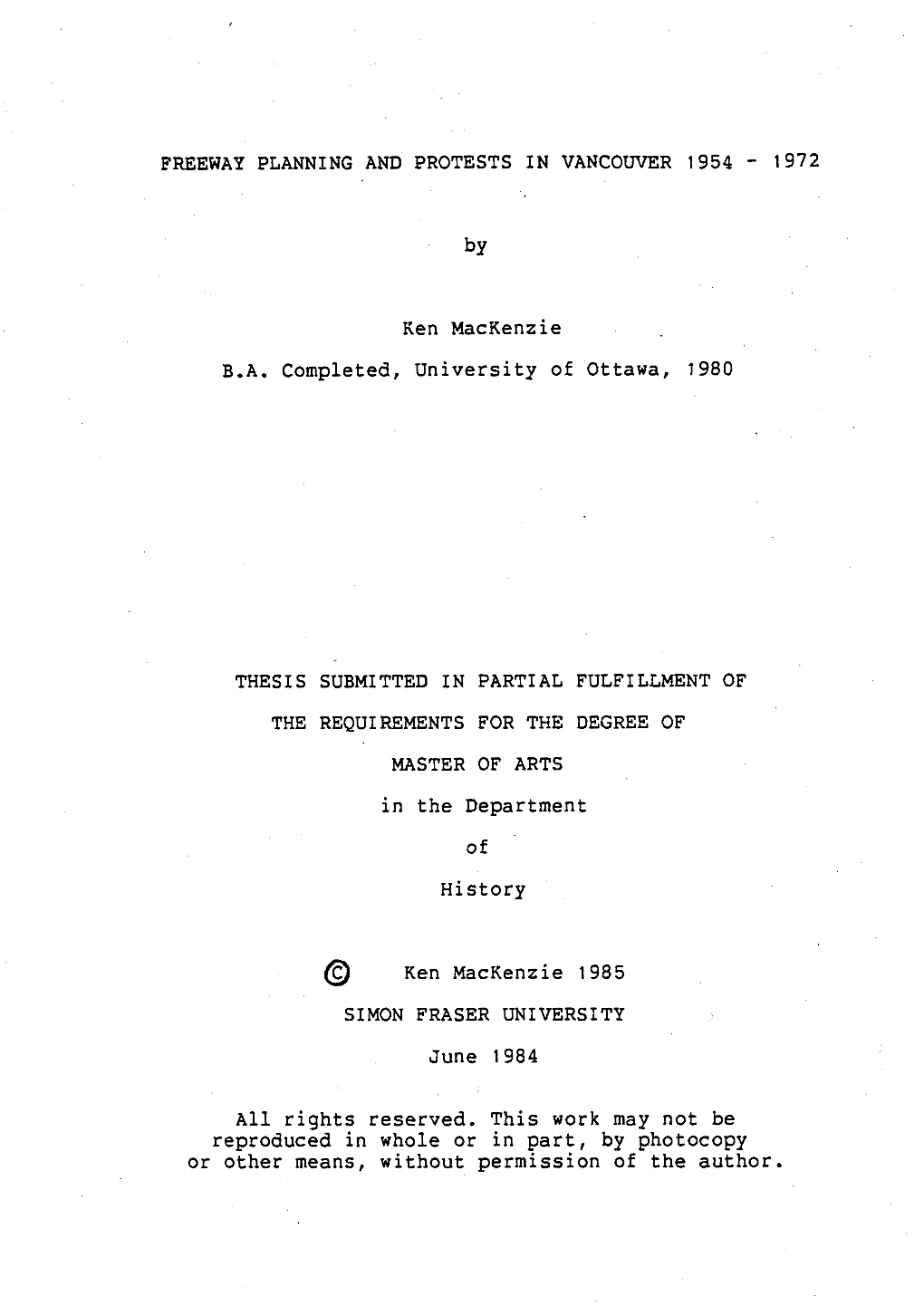 Freeway Planning and Protests in Vancouver, 1954-1972