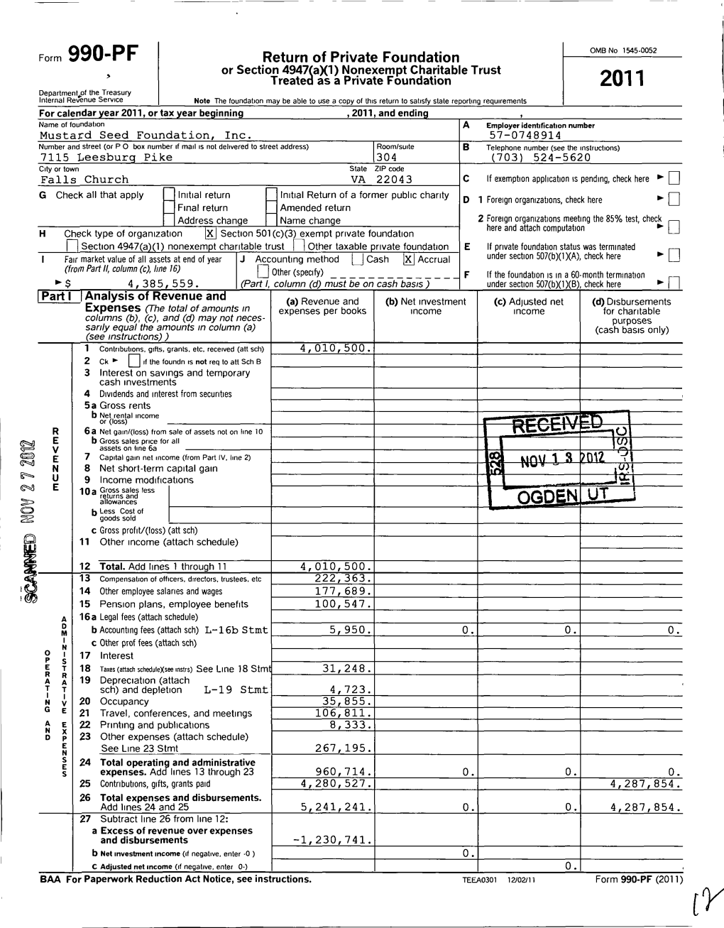 Form 990-PF 2011 Internal Revenue Service Name of the Organization Employer Identification Number Mustard Seed Foundation, Inc