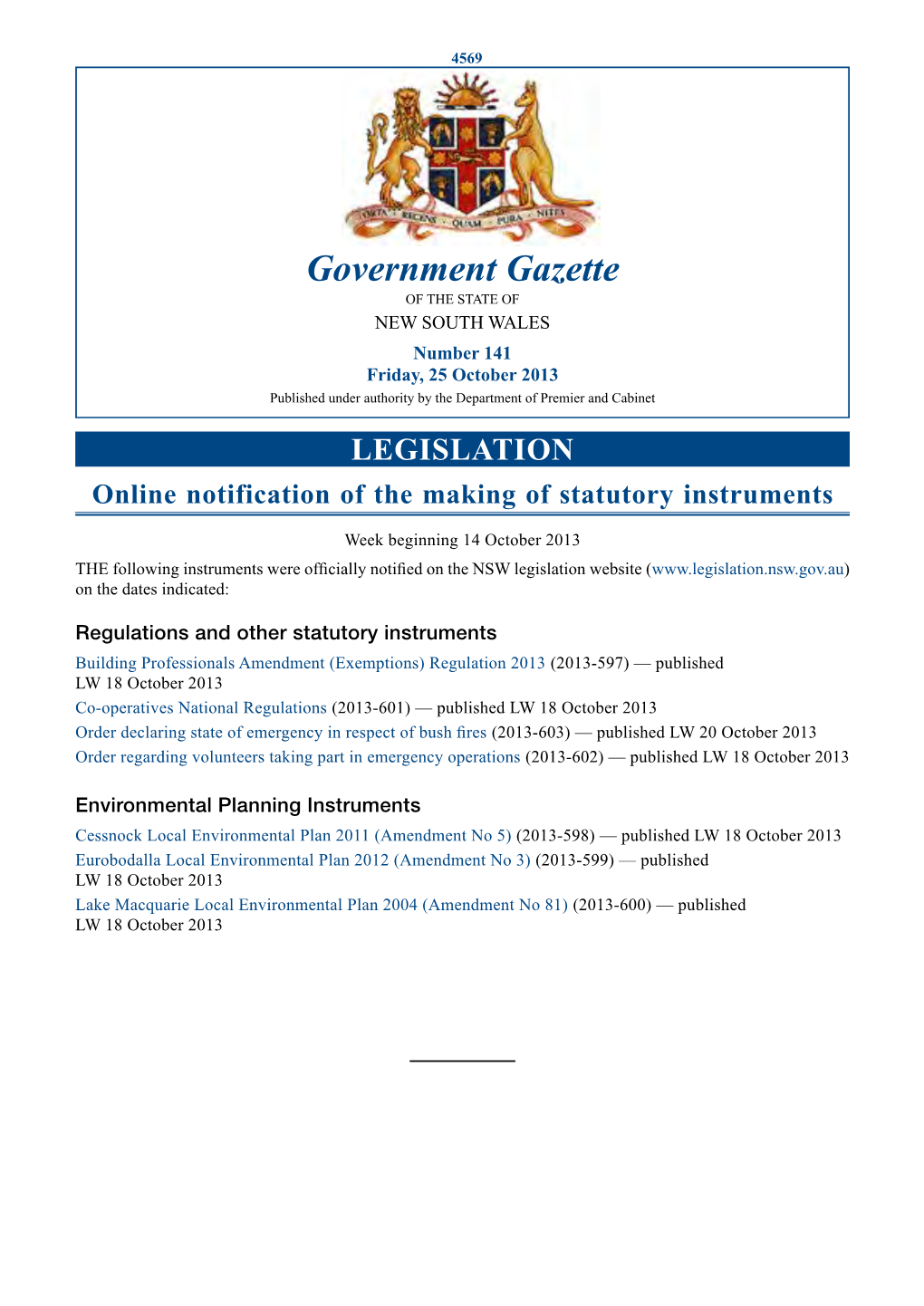 New South Wales Government Gazette No. 43 of 25 October 2013