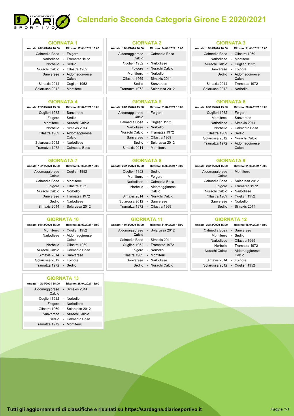 Calendario Seconda Categoria Girone E 2020/2021