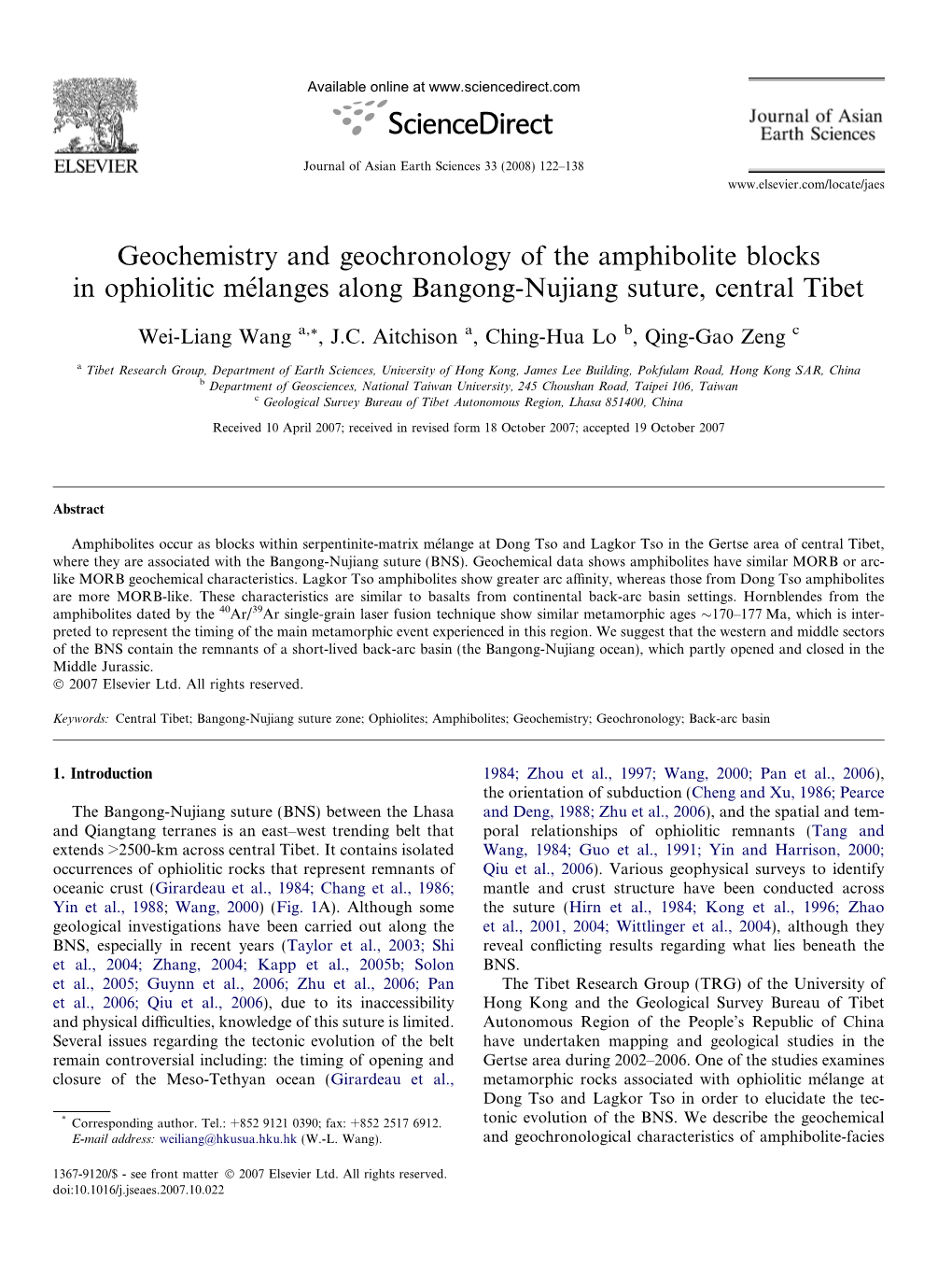 Geochemistry and Geochronology of the Amphibolite Blocks in Ophiolitic Me´Langes Along Bangong-Nujiang Suture, Central Tibet