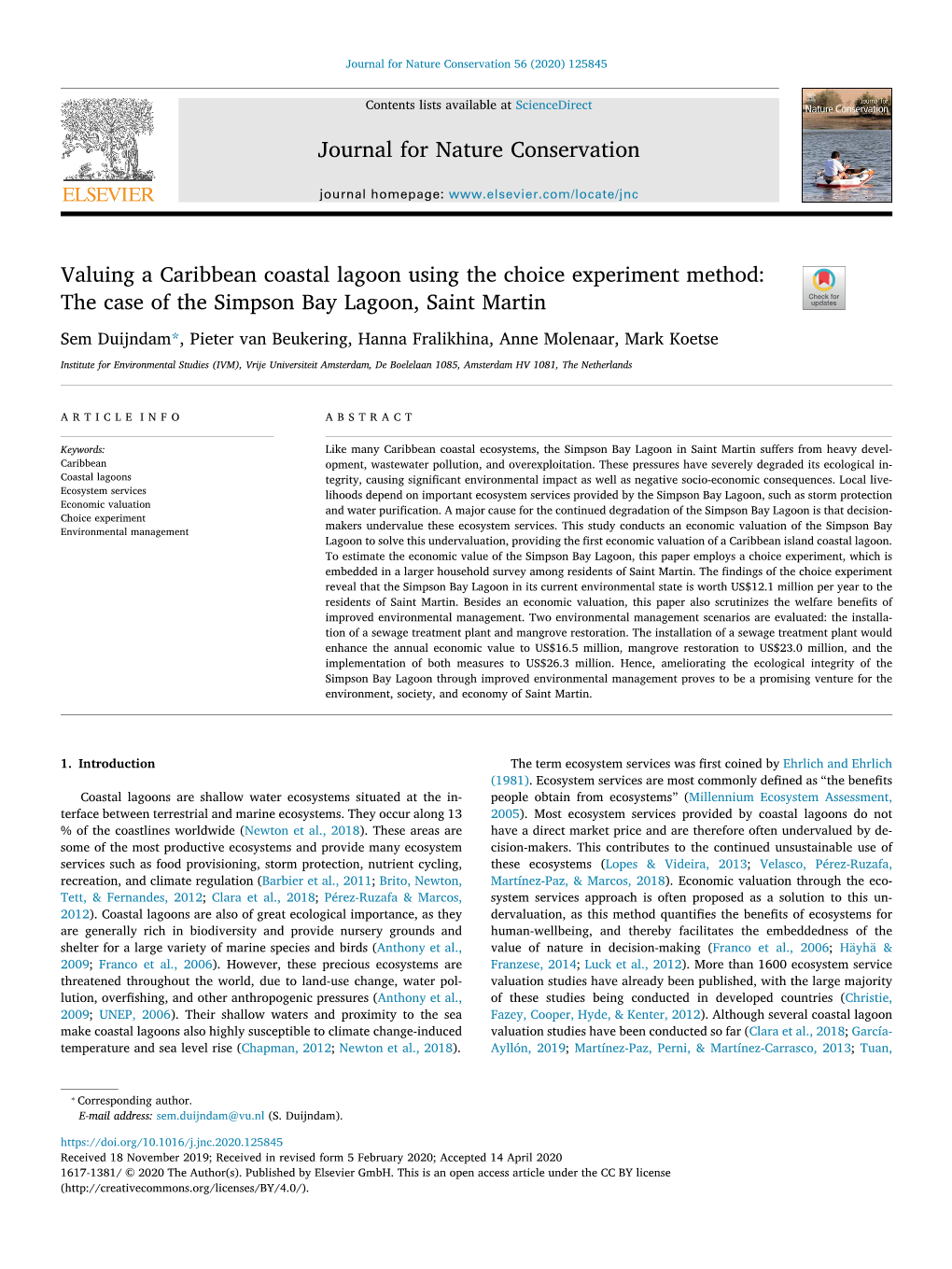 Valuing a Caribbean Coastal Lagoon Using the Choice Experiment Method the Case of the Simpson Bay Lagoon, Saint Martin