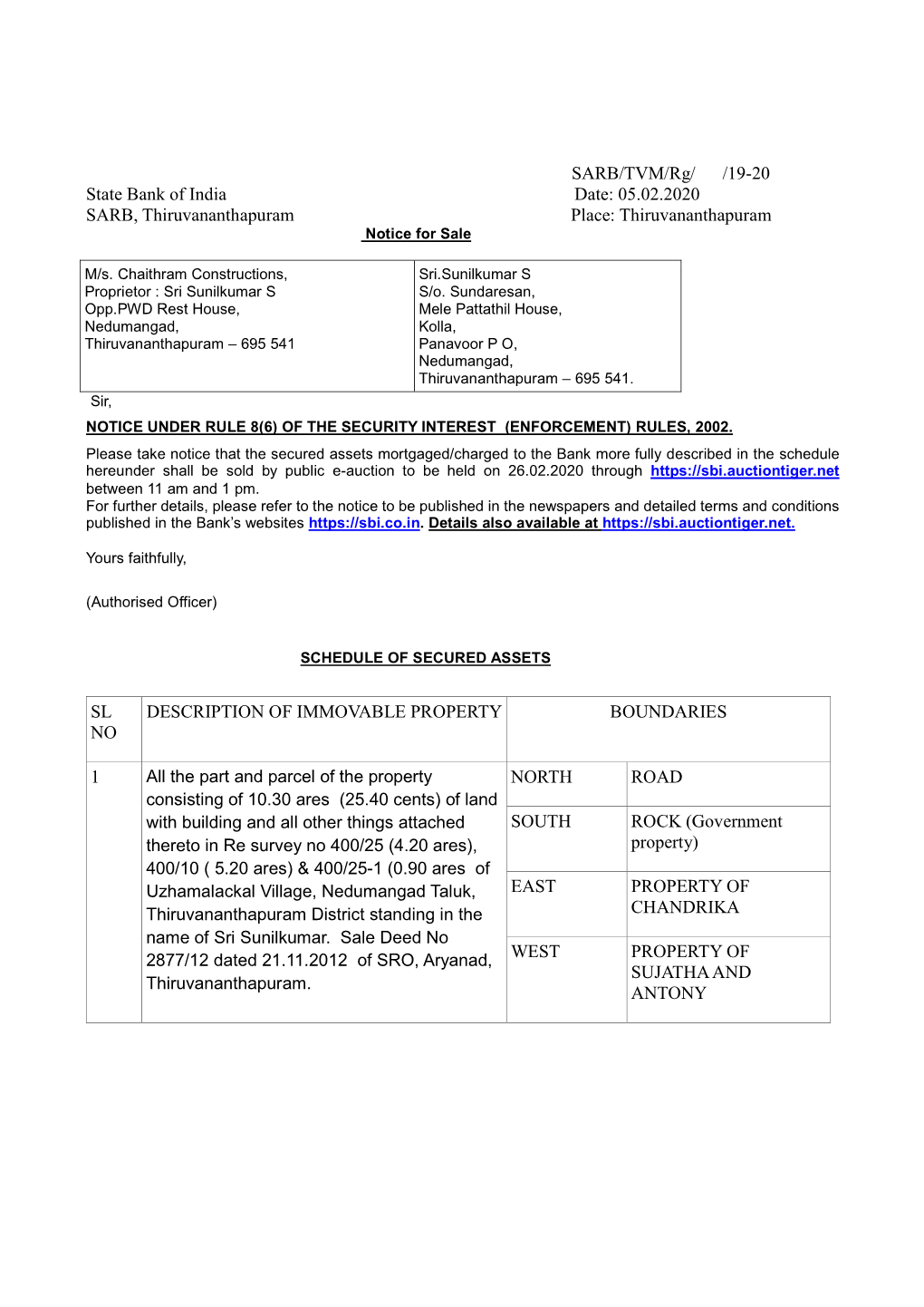 19-20 State Bank of India Date: 05.02.2020 SARB, Thiruvananthapuram Place: Thiruvananthapuram Notice for Sale