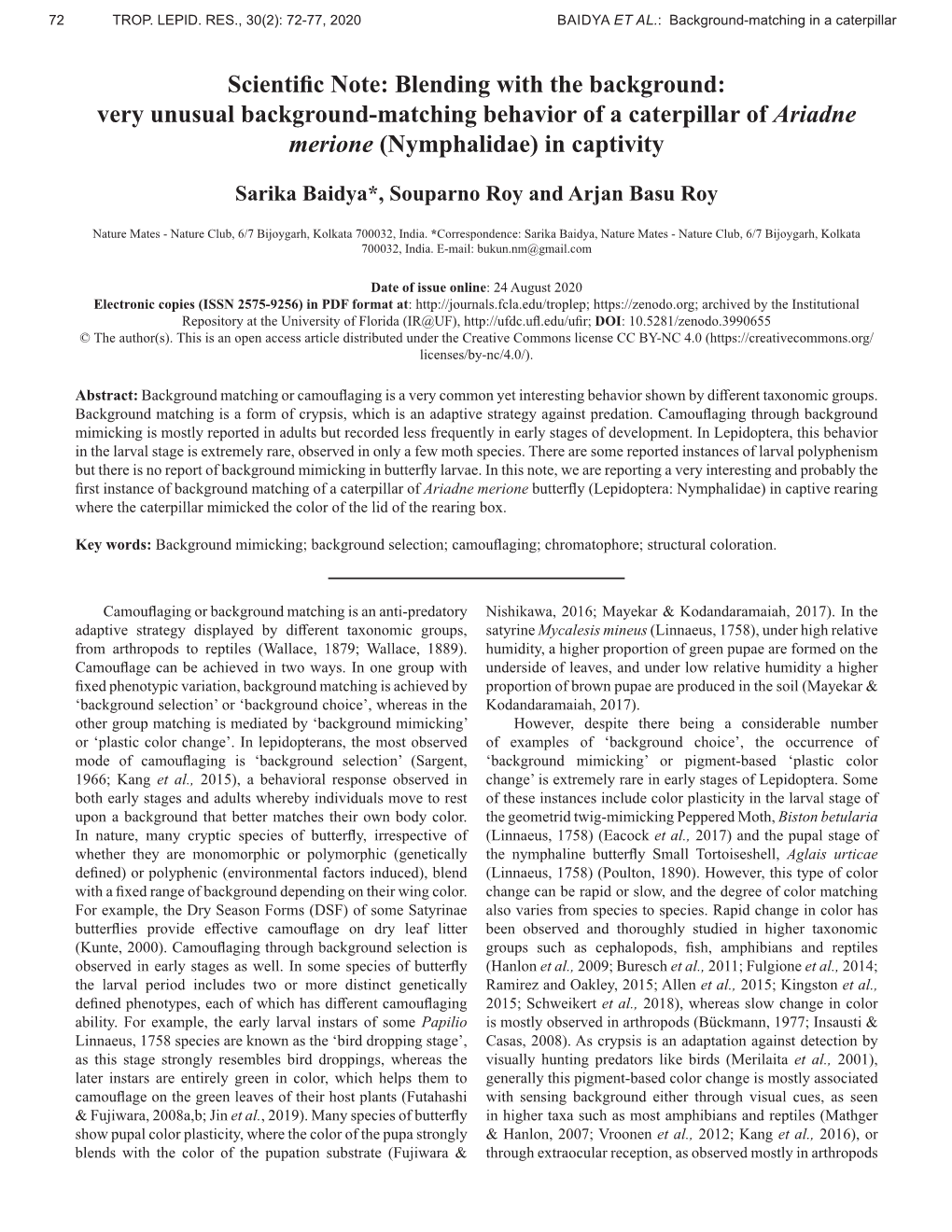 Very Unusual Background-Matching Behavior of a Caterpillar of Ariadne Merione (Nymphalidae) in Captivity