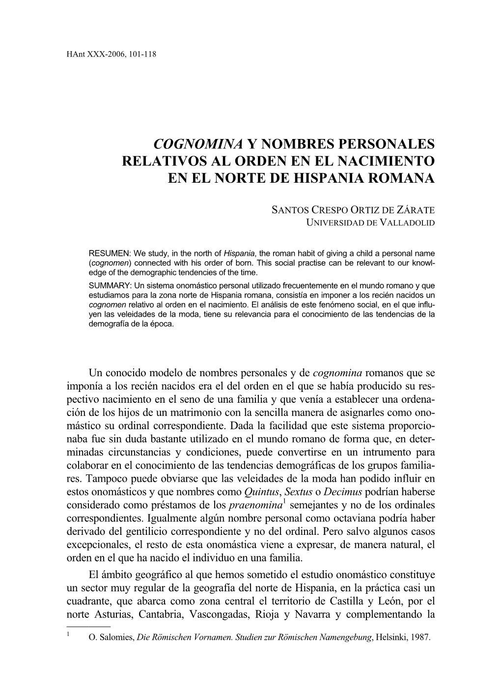 Cognomina Y Nombres Personales Relativos Al Orden En El Nacimiento En El Norte De Hispania Romana