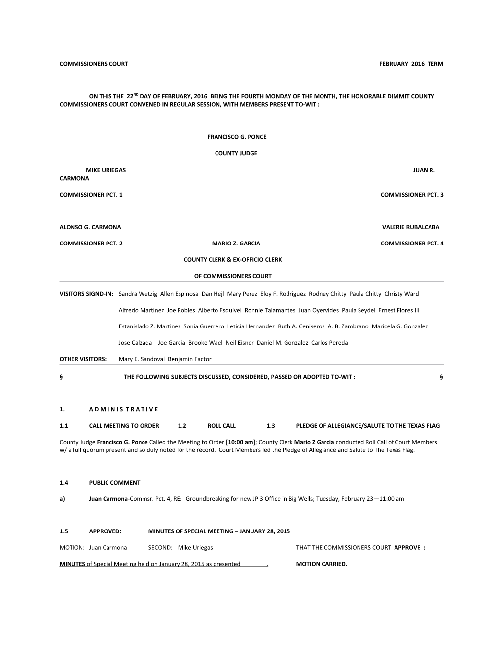 Commissioners Court February 2016 Term