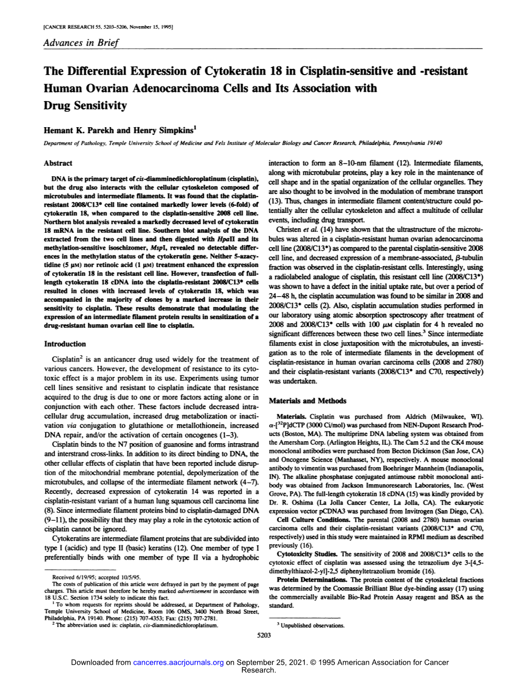 The Differential Expression of Cytokeratin 18 in Cisplatin-Sensitive and -Resistant Human Ovarian Adenocarcinoma Cells and Its Association with Drug Sensitivity